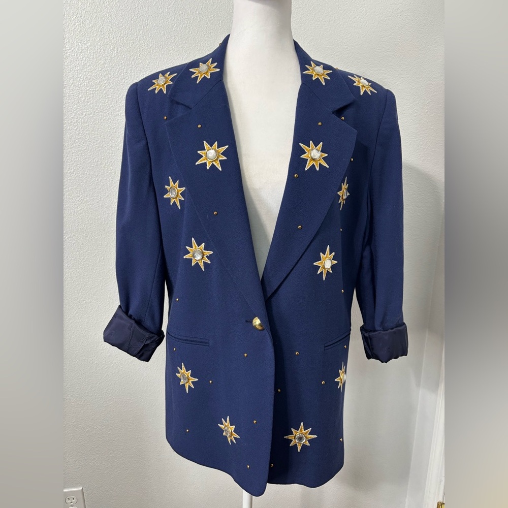 Harlan Vintage Blazer Jacket Womens 14 Navy Blue Gold Stars/Sun Astrological
